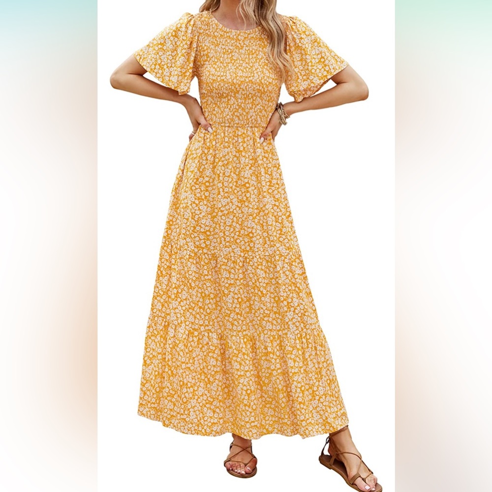 ZESICA || Floral Print Short Flutter Sleeve Crew Neck Smocked MaxiDress